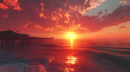 Pier Sunset Landscape with Red Sky and Ocean