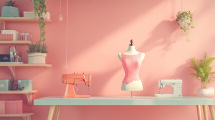 A 3D image of a fashion designer's workspace with a mannequin and sewing machine floating in the air. There's empty space for text.
