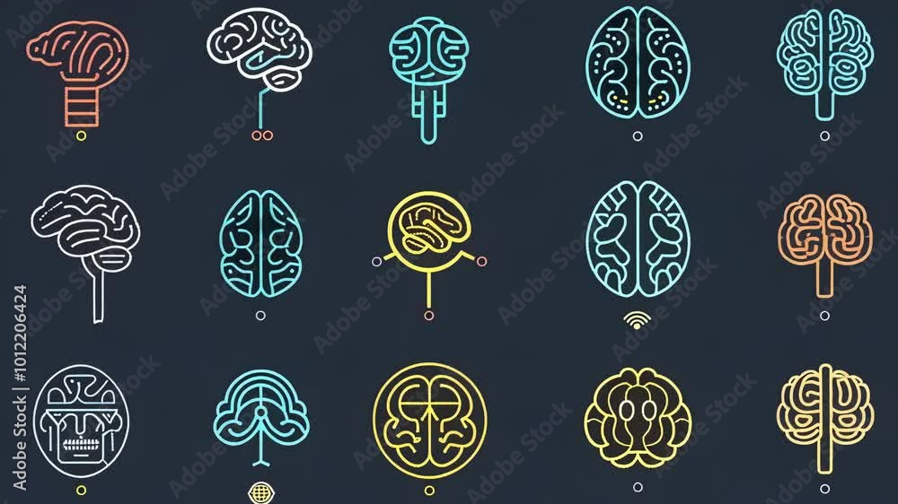 Poster colorful brain icons are representing various concepts of neurotechnology, artificial intelligence a