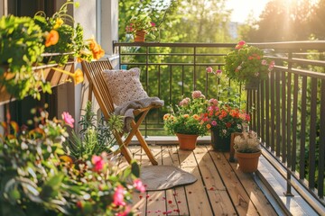 A wooden chair is placed on a balcony with a view of a city, generative ai image