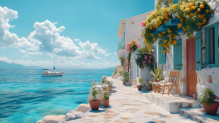 Mediterranean Coastal Village Illustration - Sunny Day, Blue Sea, and Whitewashed Houses