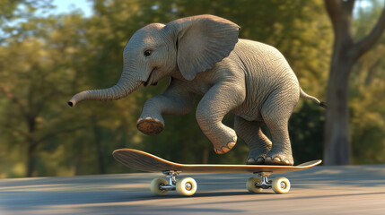 A 3D image shows an elephant riding a skateboard. It's a silly idea that makes you smile, showing that anything is possible.