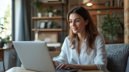 Woman in a White Shirt Video Conferencing on Her Laptop in a Home Office, Focusing on the Professionalism and Flexibility of Remote Work