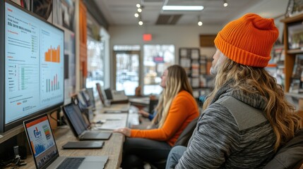 Two women wearing orange hats work on laptops and look at a screen with a graph.