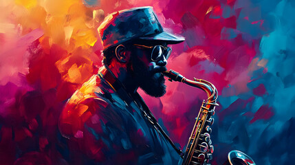 Saxophonist in Blue and Red Abstract Background Painting