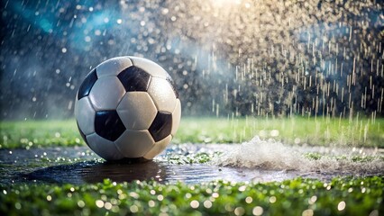 Soccer ball in rain on wet field under stadium lights