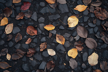 autumn leaves on the ground dark theme background with black stones