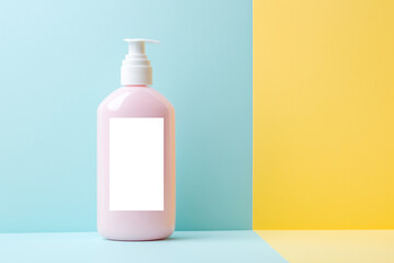 pink bottle of perfume on pastel yellow and blue background with blank white label beauty product