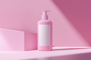 pink bottle of perfume on pink background with blank white label beauty product