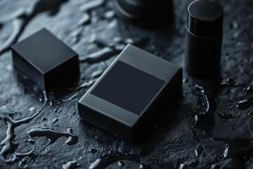box of black beauty product with black label on black background