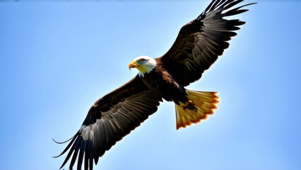 Obraz premium A majestic bald eagle soaring majestically through the air, its wide wingspan creating an impressive silhouette against the bright blue sky