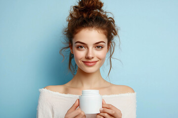 European white woman model holding a beauty product white blank label