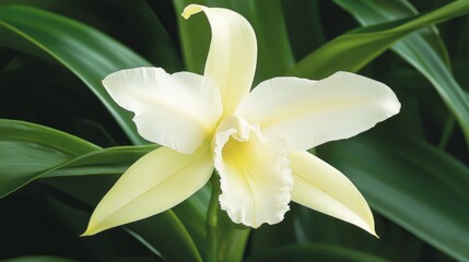 Obraz premium Exquisite Pastel Yellow Orchid in Macro Close-up Against Lush Green Foliage - Photorealistic Floral Beauty