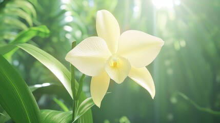 Obraz premium Ethereal Elegance: Stunning Close-Up of Delicate Pastel Yellow Orchid in Full Bloom against Lush Green Leaves
