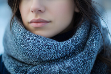 close up shot of woman wearing a blue gray scarf on a cold weather