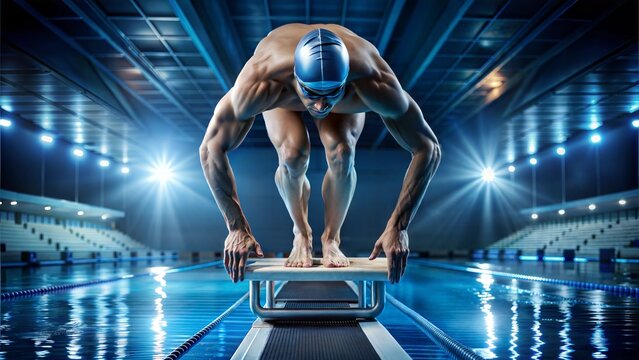 Swimmer on starting block ready to dive in indoor pool