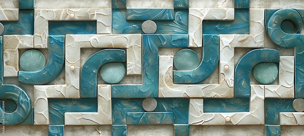 Poster intricate green and beige abstract geometric background featuring symmetrical patterns and bold shap