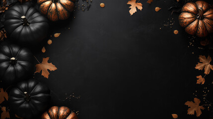 black and gold pumpkins on a black background dark theme wallpaper with gold and orange maple leaves