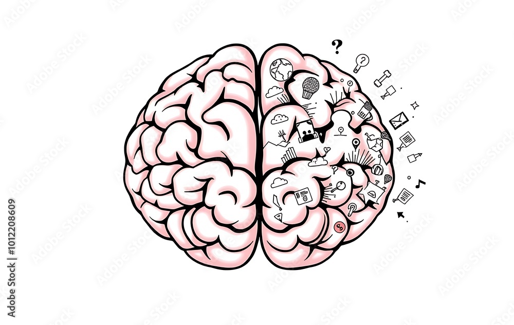 Poster left right human brain concept. creative part and logic part with social and business doodle