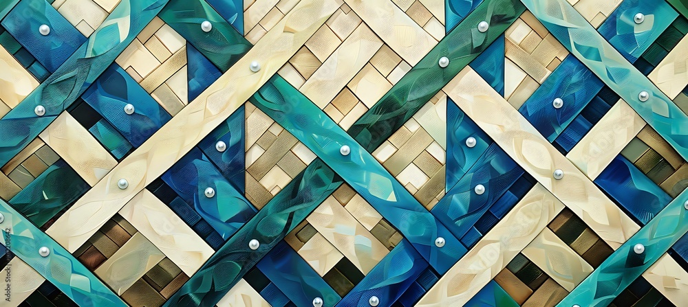 Poster intricate green and beige abstract geometric background featuring symmetrical patterns and bold shap