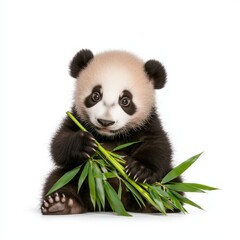 Obraz premium A cute panda holding bamboo, showcasing its playful nature. The adorable animal is against a pure white background, perfect for die-cut design.