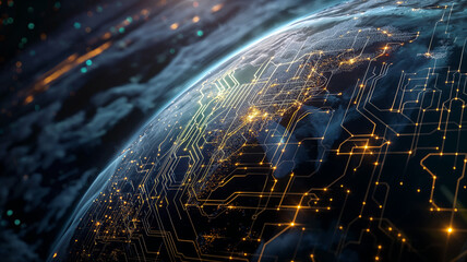 Planet Earth all covered in circuitry and lights