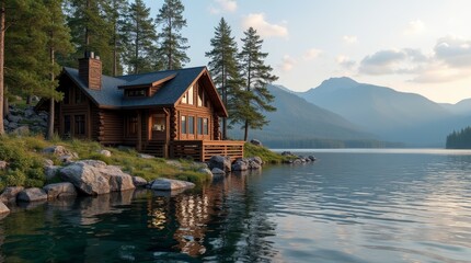 Obraz premium Luxurious wooden house reflecting on tranquil lake with mountain view at sunset
