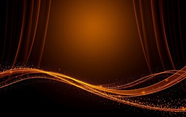 Dark brown background, digital signature with particles, sparkling waves, curtains and areas with deep depths. The particles are golden light lines.