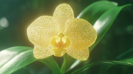 Fototapeta premium Macro Shot of Radiant Yellow Orchid Among Green Leaves - Ultra-Detailed and Photorealistic Floral Beauty