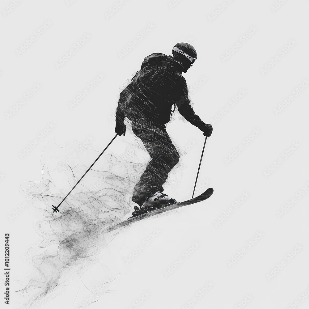 Poster black and white silhouette of skier with minimalist stroke lines in minimalist art style on transpar