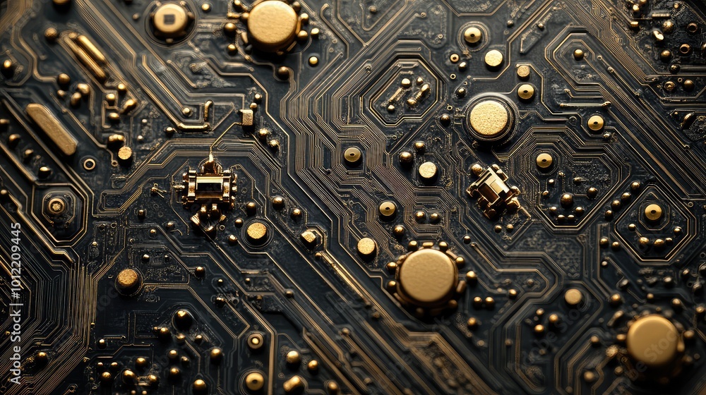 Poster high-tech abstract circuit board background with detailed gold circuitry patterns, featuring intrica
