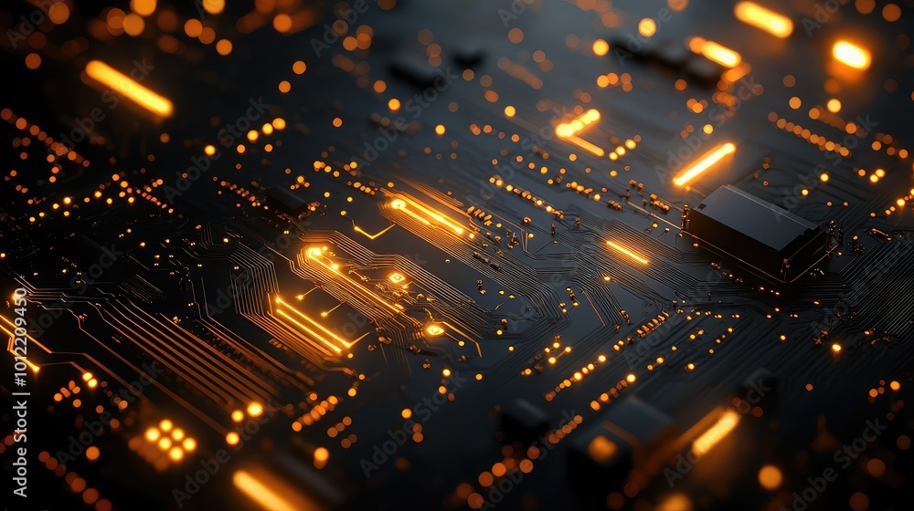 Poster high-tech abstract circuit board background with detailed gold circuitry patterns, featuring intrica