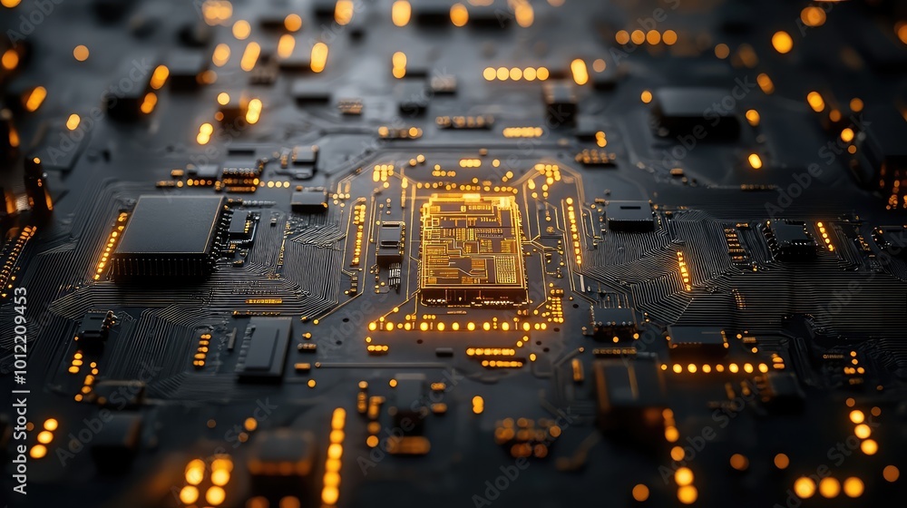 Poster high-tech abstract circuit board background with detailed gold circuitry patterns, featuring intrica