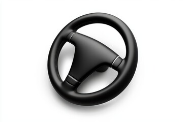 A sleek, black steering wheel against a white background, showcasing its modern design and ergonomic features for driving enthusiasts.