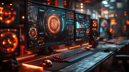 Fototapeta premium A close-up of a gaming setup with two monitors displaying futuristic interfaces and a keyboard and mouse on a wooden desk.