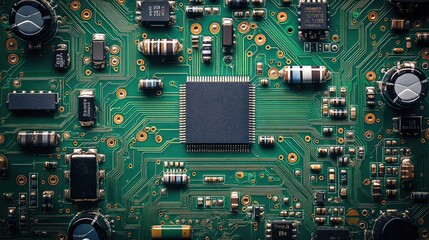 Closeup of Green Printed Circuit Boards with Detailed Electronic Components on a Green Background, Highlighting Modern Technology and Engineering Precision