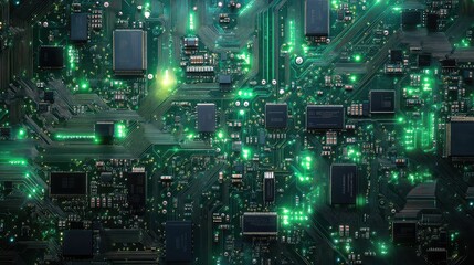 Fototapeta premium Closeup of Green Printed Circuit Boards with Detailed Electronic Components on a Green Background, Highlighting Modern Technology and Engineering Precision