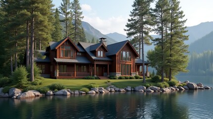 Fototapeta premium Luxurious wooden house reflecting on tranquil lake with mountain view at sunset