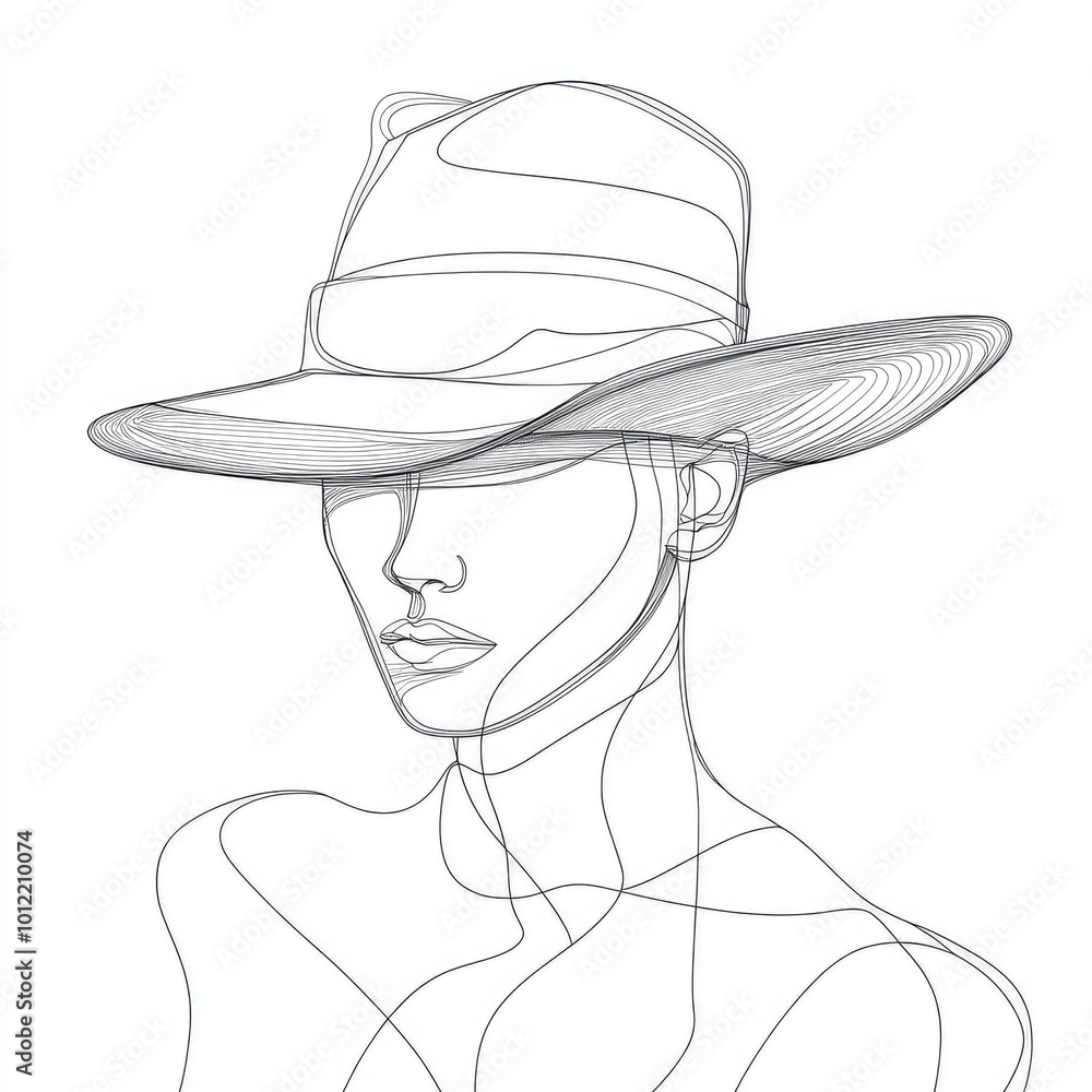Poster minimalistic continuous line drawing of a man’s hat on white background - simple and elegant single 
