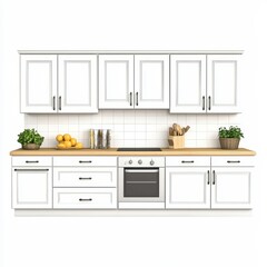 Modern white kitchen design featuring cabinets, countertop, fruits, and utensils on a clean background, ideal for cooking enthusiasts.