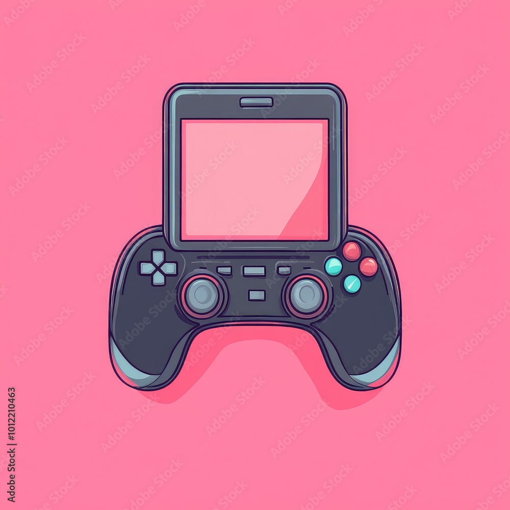 Poster smartphone screen displaying game joystick icon on pink background - vector-style flat colors illust