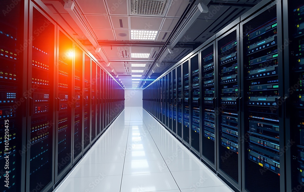 Poster shot of corridor in working data center full of rack servers and supercomputers with internet connec