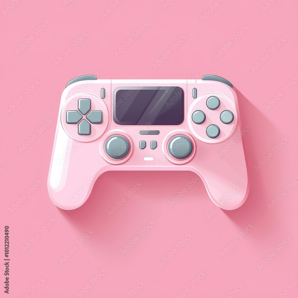 Poster smartphone screen displaying game joystick icon on pink background - vector-style flat colors illust