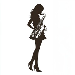 Naklejka premium Elegant Silhouette of a Girl Playing Saxophone on a White Background in Vector Style