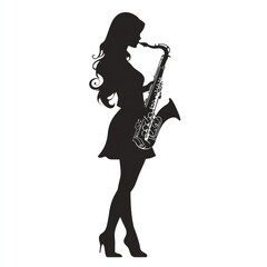 Fototapeta premium Elegant Silhouette of a Girl Playing Saxophone on a White Background in Vector Style