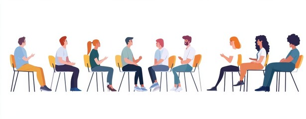 Fototapeta premium People sitting on chairs and talking to each other during group therapy white background, simple shapes Generative AI