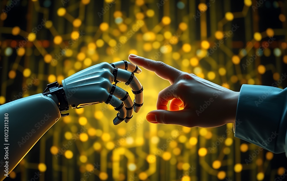 Poster ai, machine learning, hands of robot and human touching on big data network connection background, s