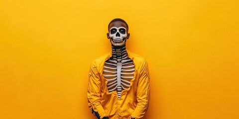 black man wearing skeleton halloween costume, solid background, copy space