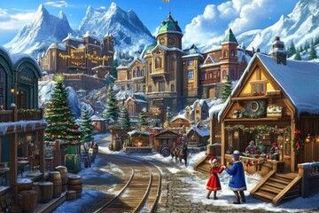 Naklejka premium Charming christmas market in snowy alpine village with festive decorations