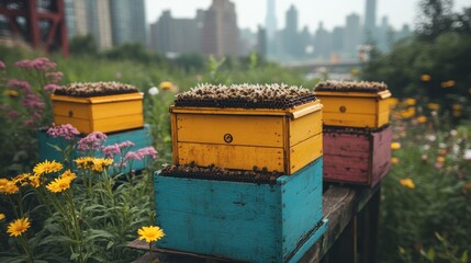 Three beehives with busy bees on the top, surrounded by colorful flowers and a city skyline in the background.